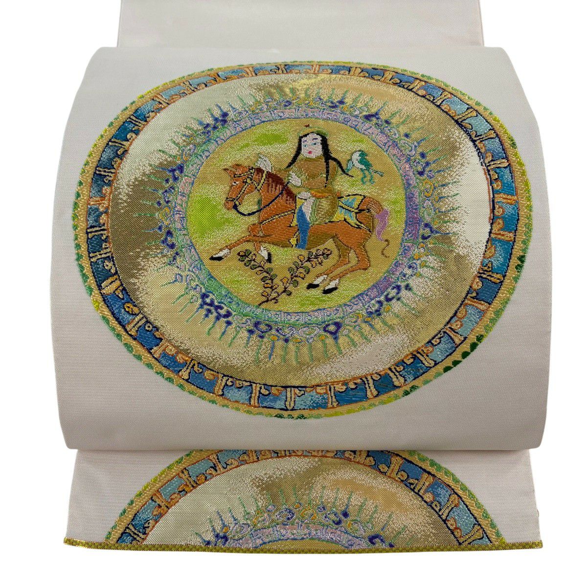 袋帶 逸品級 附有落款 龍村光翔 關西仕立 胡姬陶雅文 刺繡 金線 淺小豆色 大鼓圖案 純蠶絲