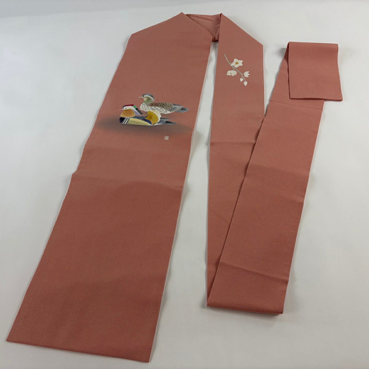 名古屋帶 逸品級 羽田登喜 落款 鴛鴦 金銀彩 漸變 鮭粉色 純蠶絲