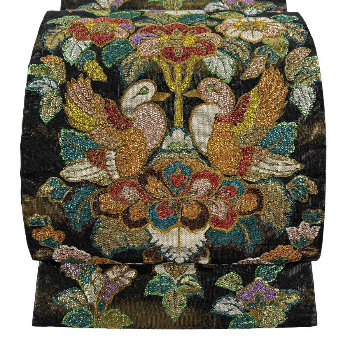 【美品】 袋帶 逸品級 草花紋紋 向鳥 金絲 金金箔 黑 六通 純蠶絲