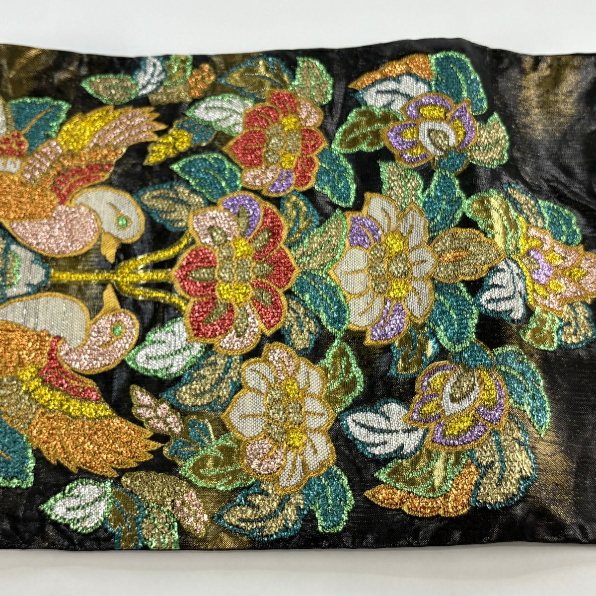 【美品】 袋帶 逸品級 草花紋紋 向鳥 金絲 金金箔 黑 六通 純蠶絲