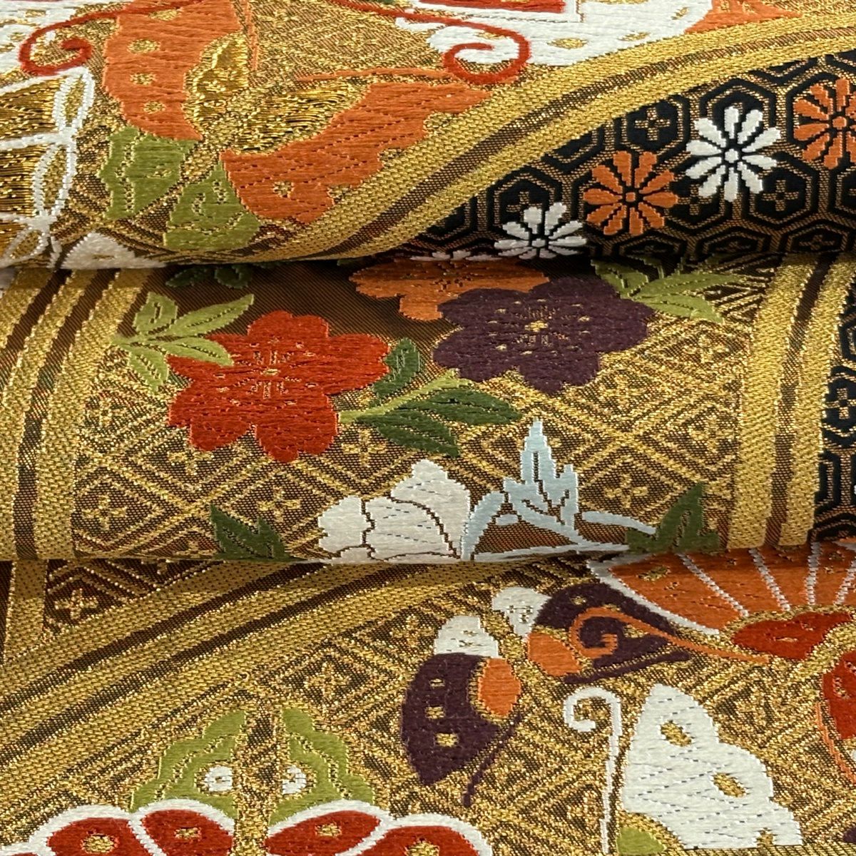 袋帶 逸品級 河合美術織物 落款 蝶 草花紋 金絲 唐織 黑 六通 純蠶絲