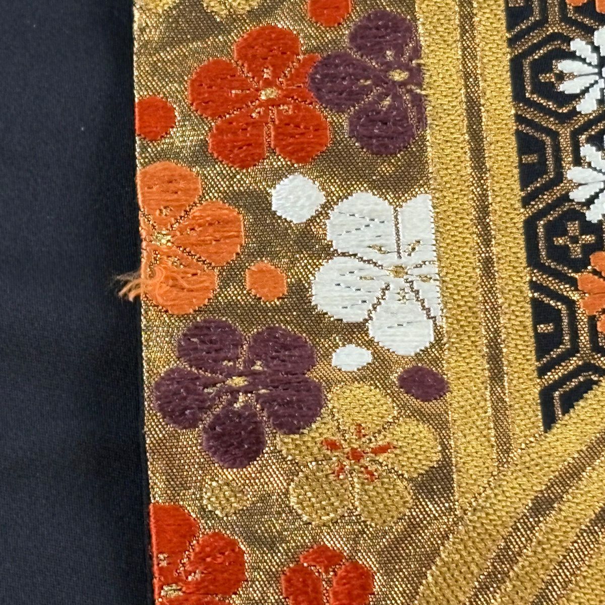 袋帶 逸品級 河合美術織物 落款 蝶 草花紋 金絲 唐織 黑 六通 純蠶絲