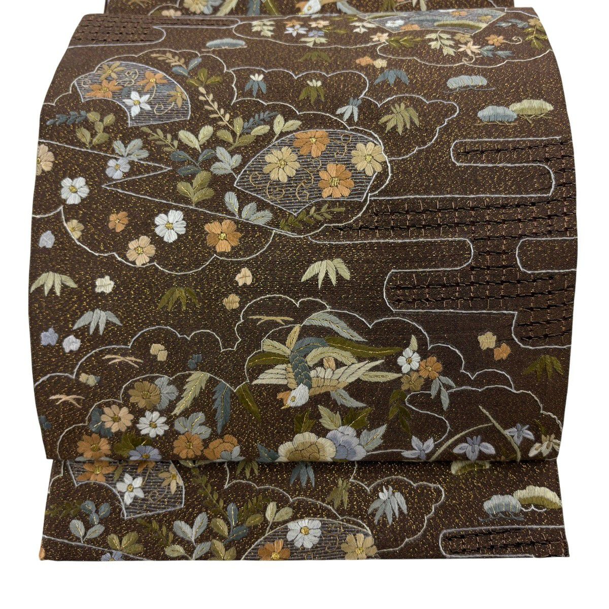 【美品】 袋帶 逸品級 扇子面 花鳥 刺繡 金糸 茶 六通 純蠶絲