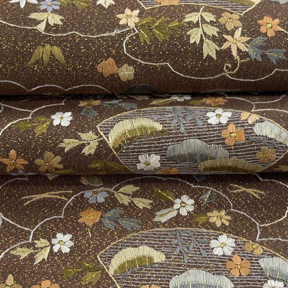 【美品】 袋帶 逸品級 扇子面 花鳥 刺繡 金糸 茶 六通 純蠶絲