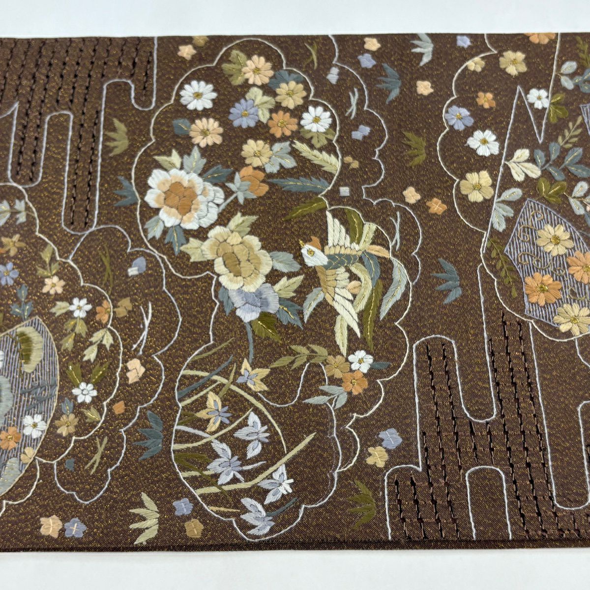 【美品】 袋帶 逸品級 扇子面 花鳥 刺繡 金糸 茶 六通 純蠶絲
