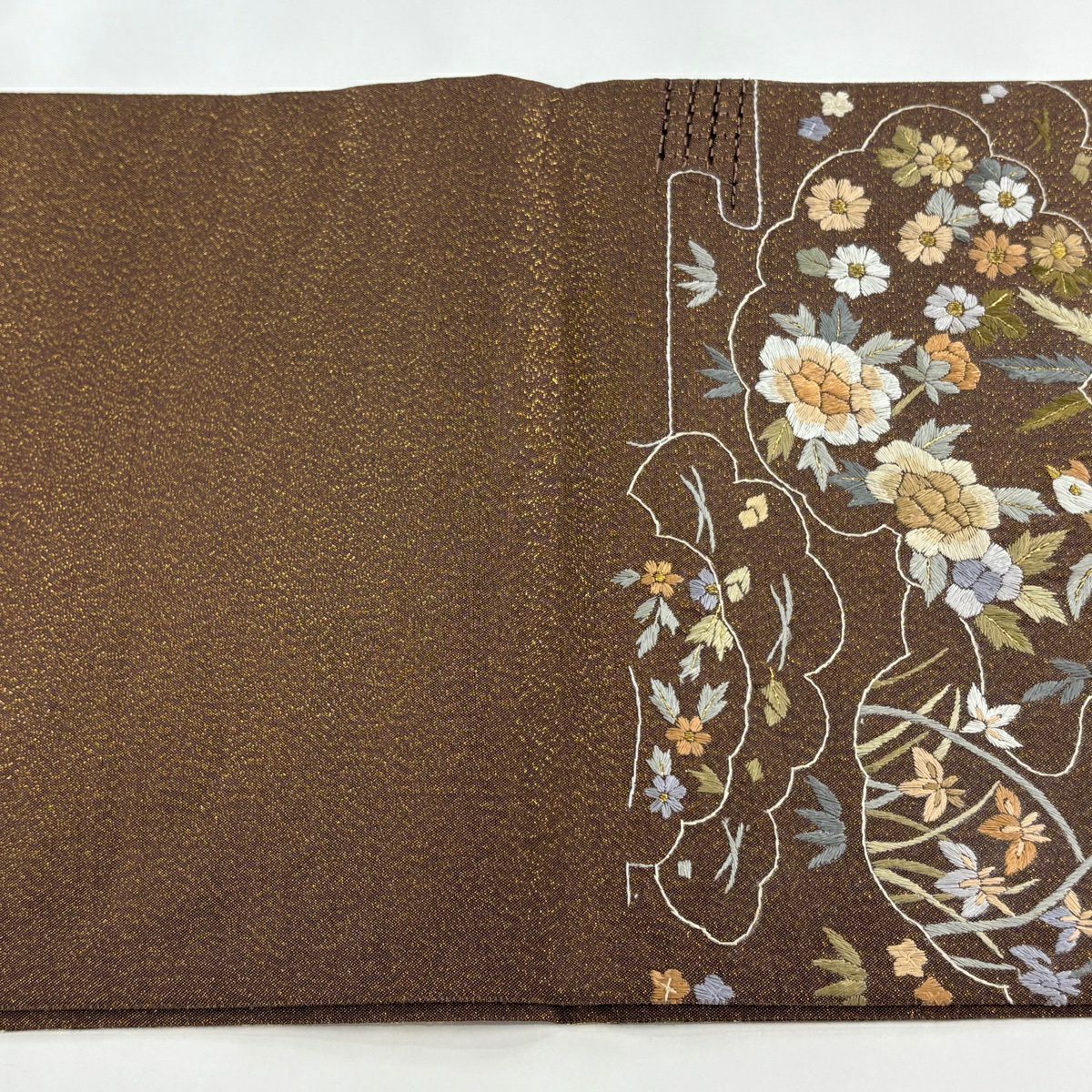 【美品】 袋帶 逸品級 扇子面 花鳥 刺繡 金糸 茶 六通 純蠶絲