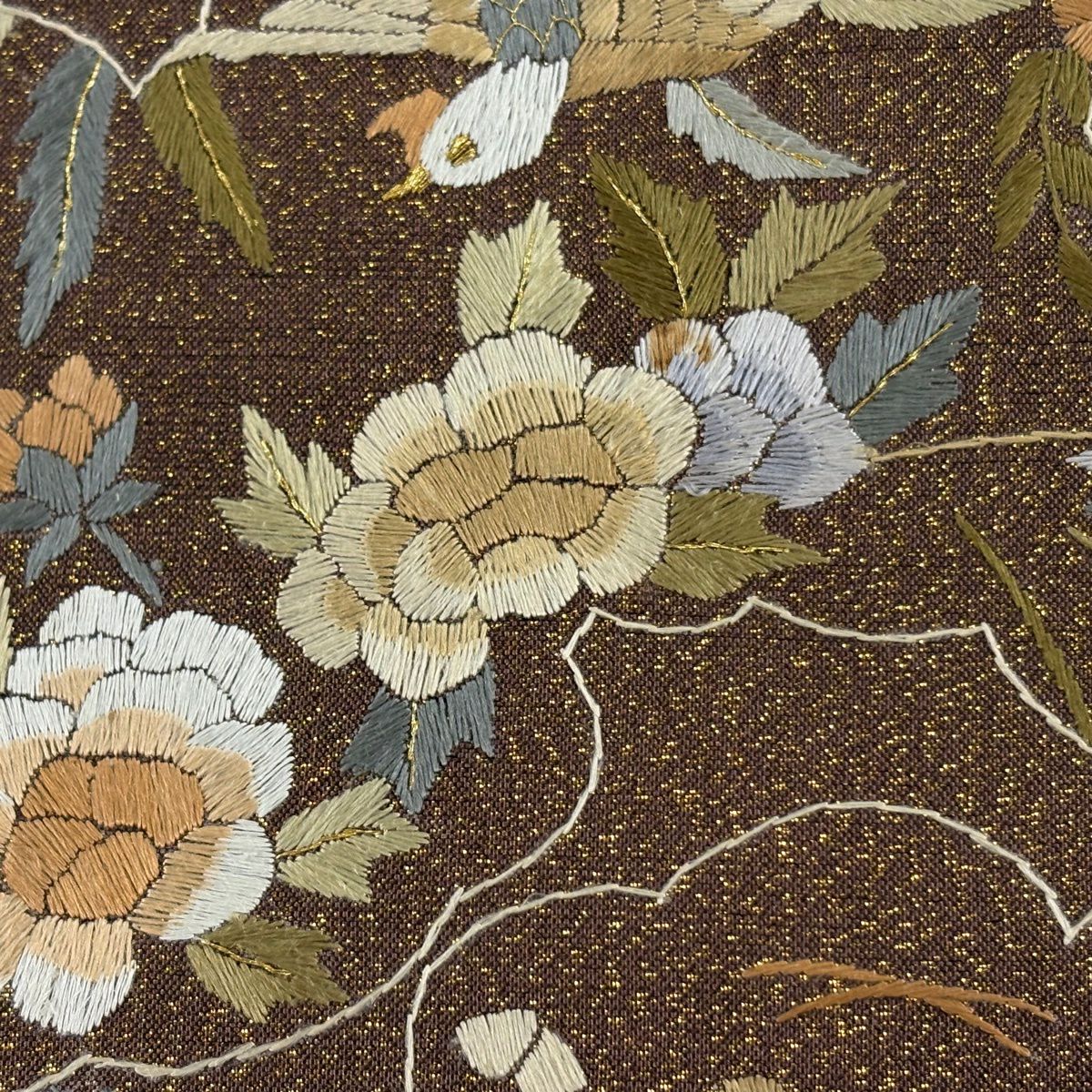 【美品】 袋帶 逸品級 扇子面 花鳥 刺繡 金糸 茶 六通 純蠶絲