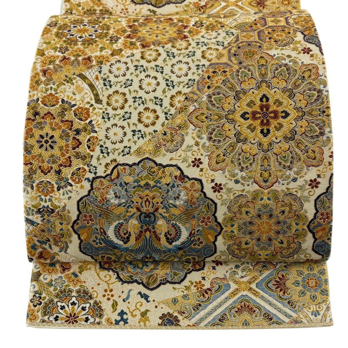 【美品】 袋帶 逸品級 關西仕立 千八百織 華紋 向鳥 金絲 金金箔 米色 六通 純蠶絲