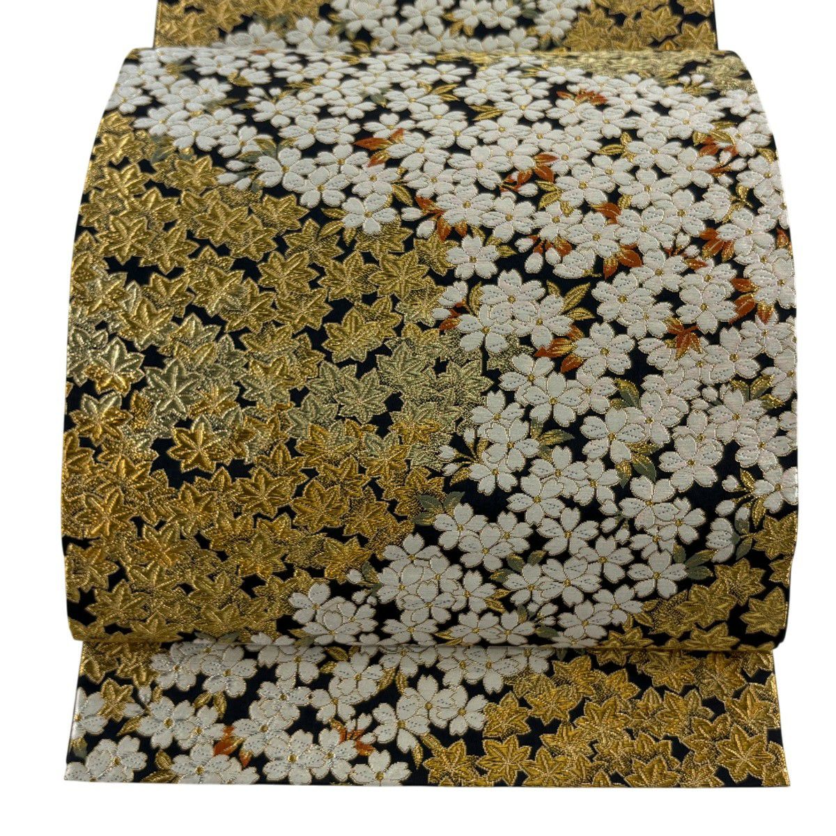 【美品】 袋帶 逸品級 祥園 落款あり 樱花 楓樹 金絲 黑 六通 純蠶絲
