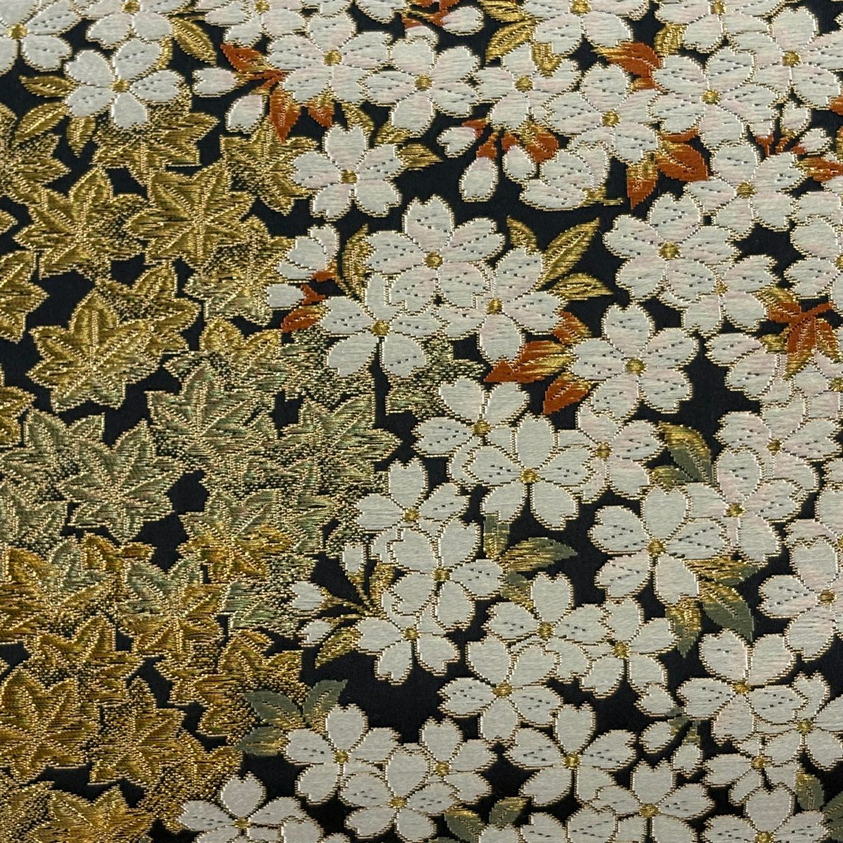 【美品】 袋帶 逸品級 祥園 落款あり 樱花 楓樹 金絲 黑 六通 純蠶絲