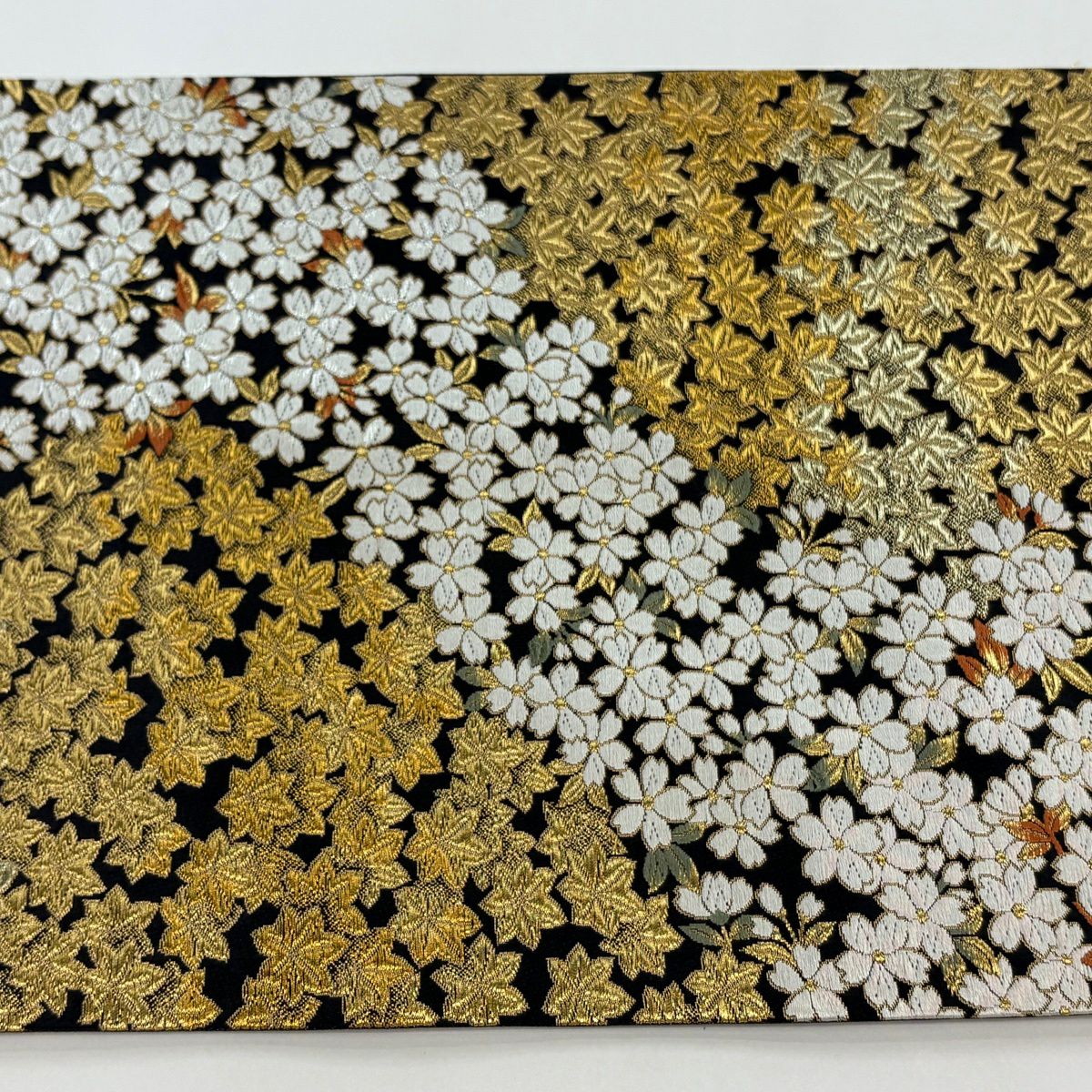 【美品】 袋帶 逸品級 祥園 落款あり 樱花 楓樹 金絲 黑 六通 純蠶絲