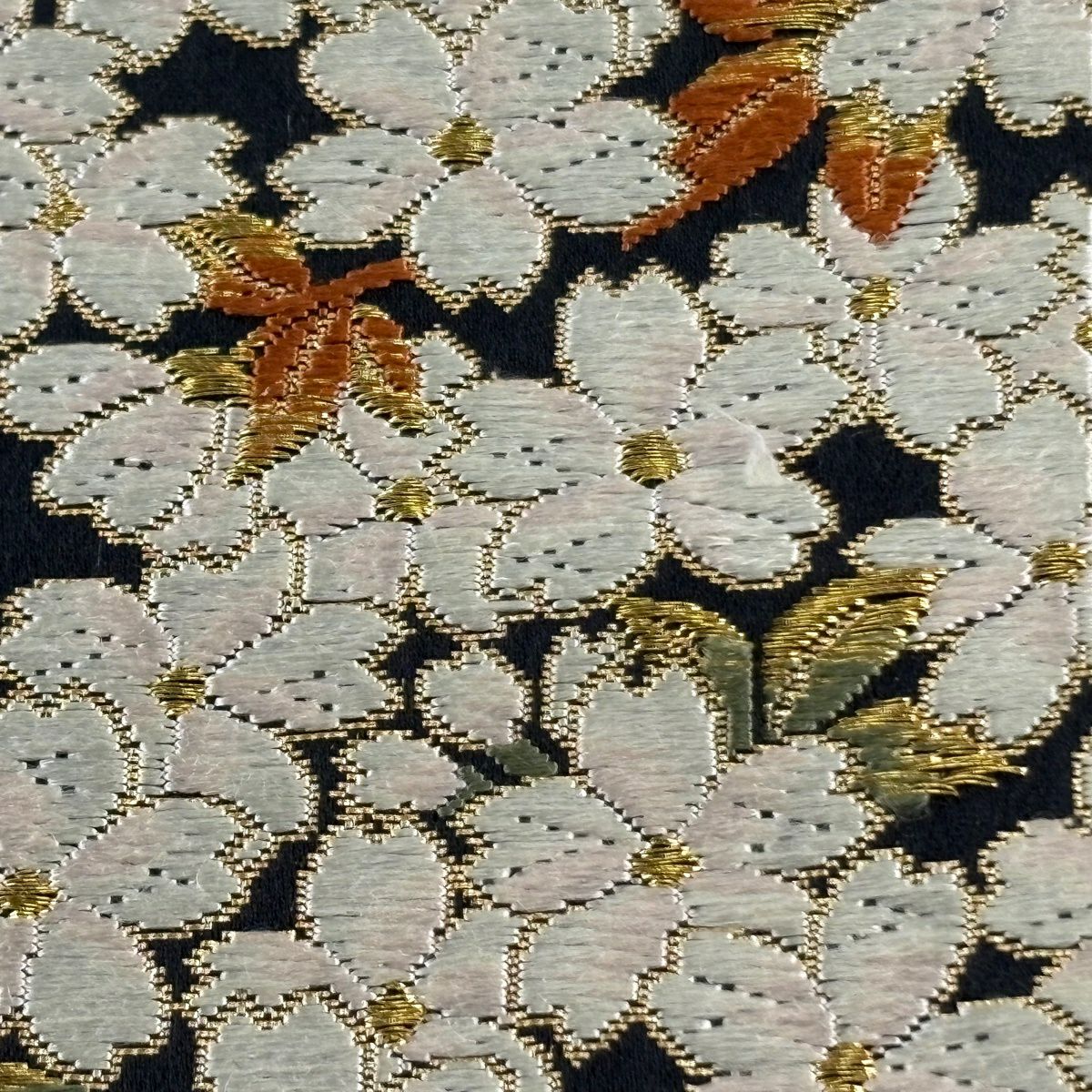 【美品】 袋帶 逸品級 祥園 落款あり 樱花 楓樹 金絲 黑 六通 純蠶絲