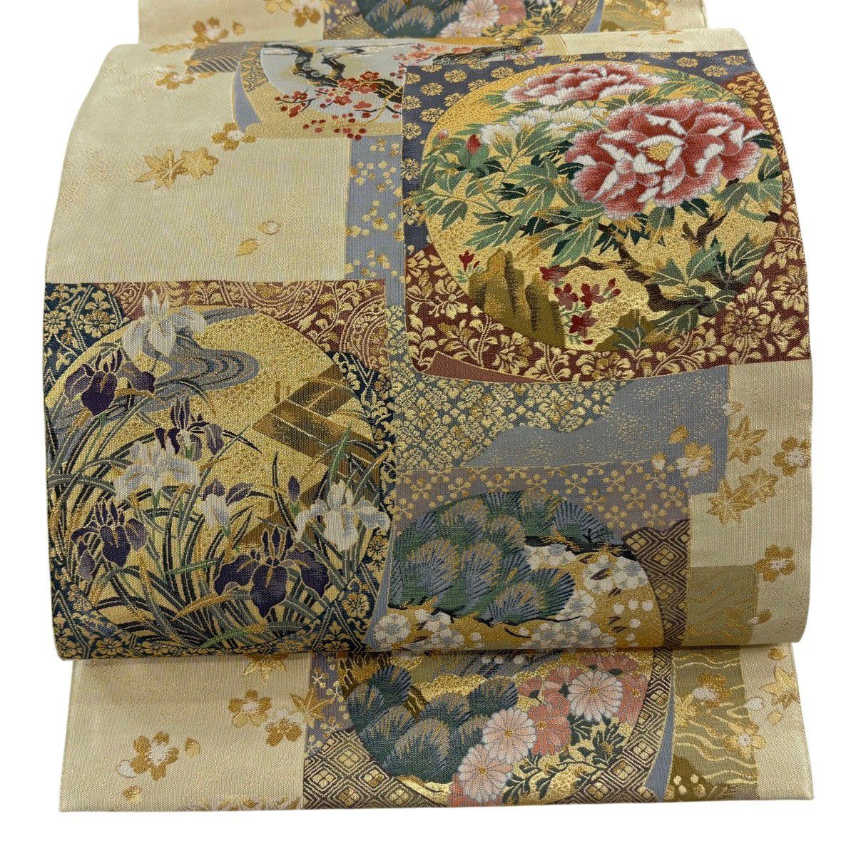 【美品】 袋帶 逸品級 となみ織物 落款あり 色紙 花鳥 金糸 金金箔 米色 六通 純蠶絲