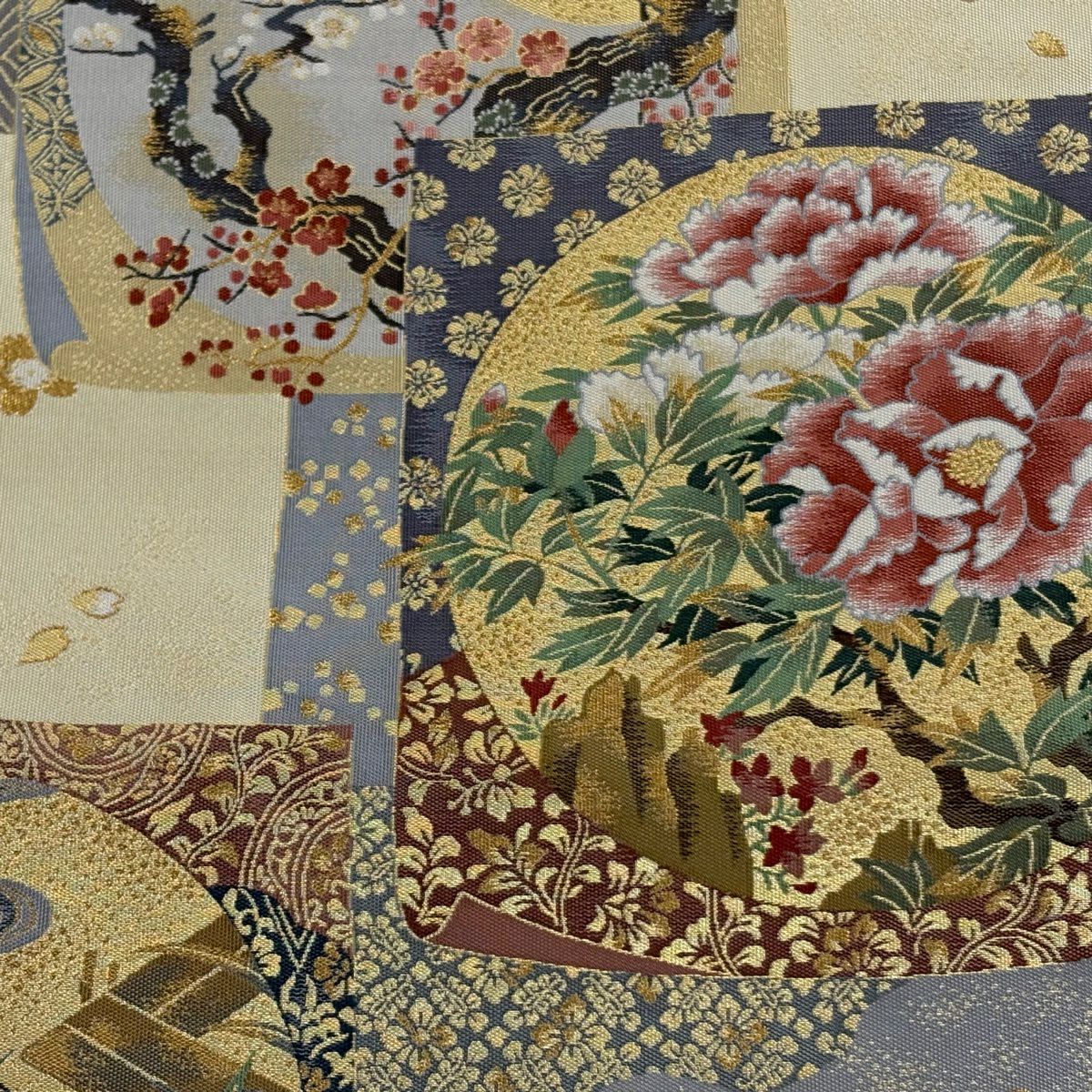 【美品】 袋帶 逸品級 となみ織物 落款あり 色紙 花鳥 金糸 金金箔 米色 六通 純蠶絲