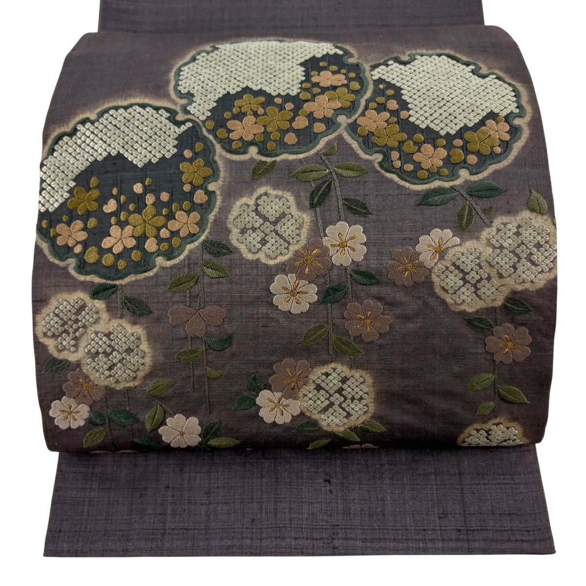 【美品】 袋帶 逸品級 雪輪 櫻花 刺繡 灰紫 お太鼓圖案 純蠶絲