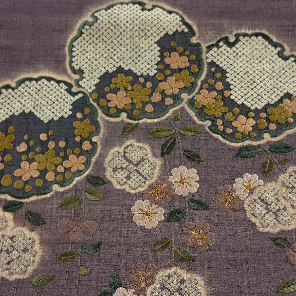 【美品】 袋帶 逸品級 雪輪 櫻花 刺繡 灰紫 お太鼓圖案 純蠶絲