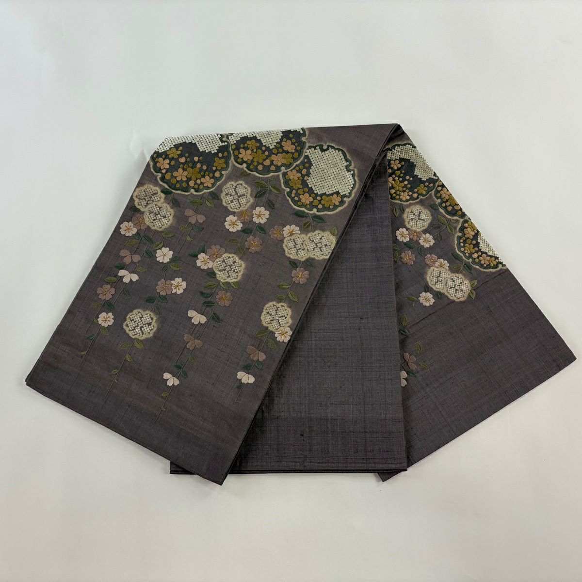 【美品】 袋帶 逸品級 雪輪 櫻花 刺繡 灰紫 お太鼓圖案 純蠶絲
