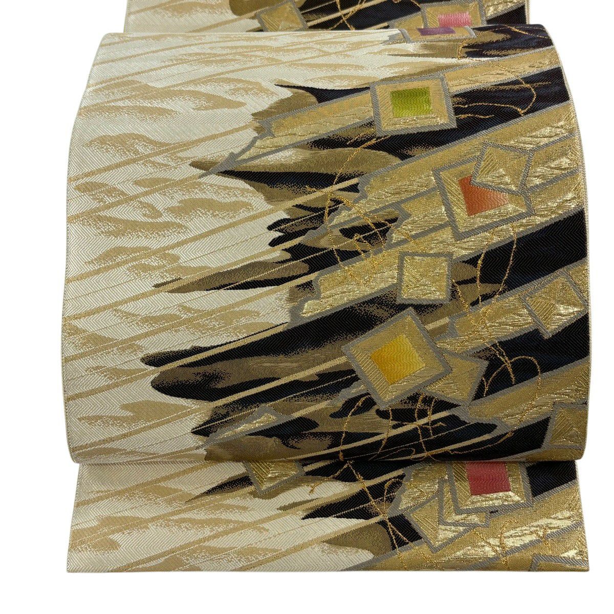 【美品】 袋帶 逸品級 幾何學 金金箔 奶油色 全通 純蠶絲