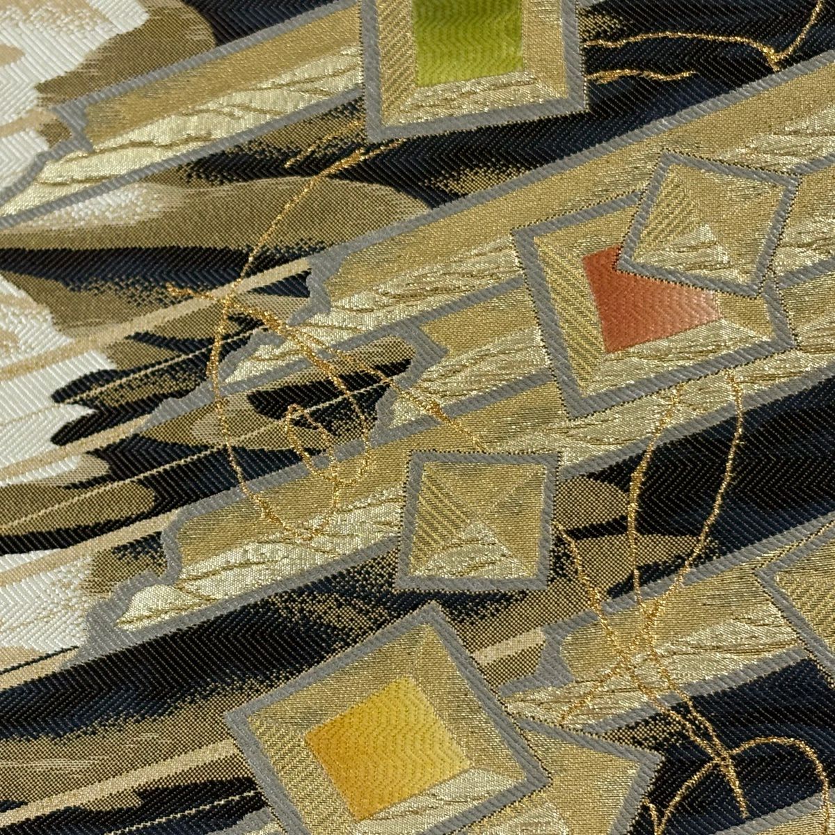 【美品】 袋帶 逸品級 幾何學 金金箔 奶油色 全通 純蠶絲