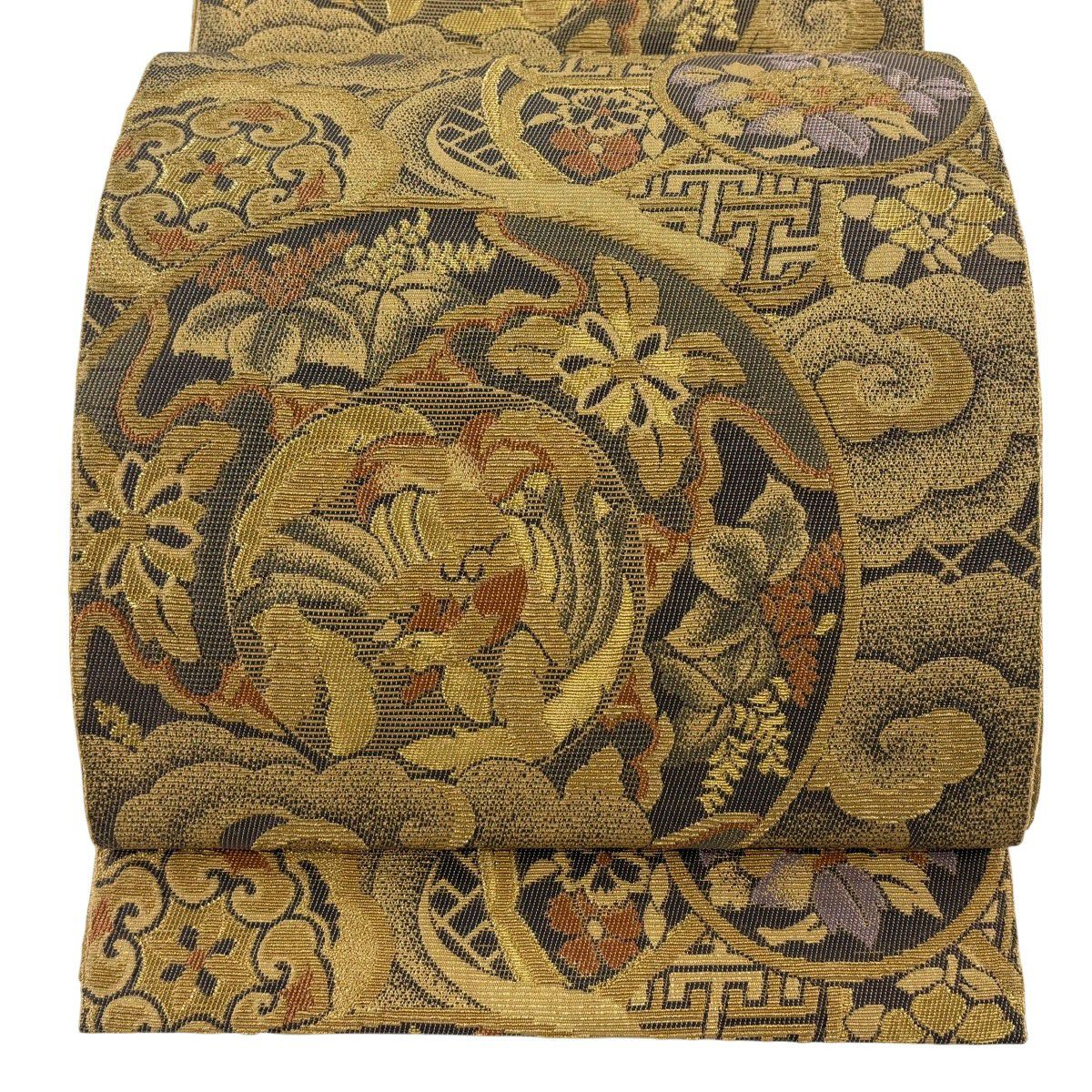 【美品】 袋帶 名品級 鳥 草花紋 金糸 輪奈織 黃土 深藍色 お太鼓柄 純蠶絲