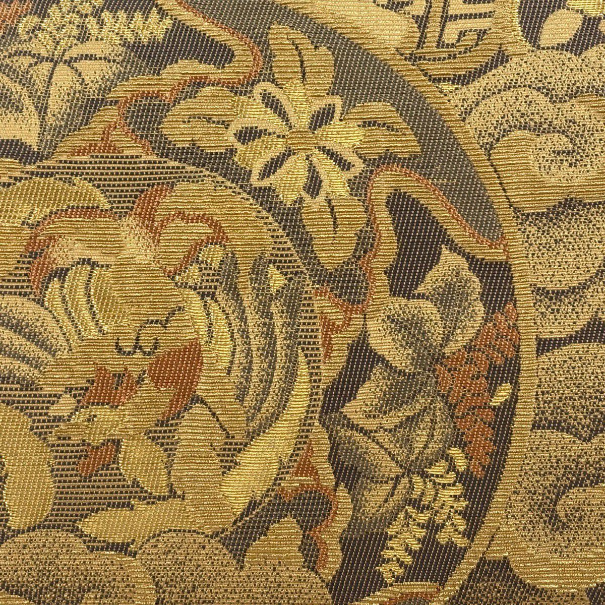 【美品】 袋帶 名品級 鳥 草花紋 金糸 輪奈織 黃土 深藍色 お太鼓柄 純蠶絲