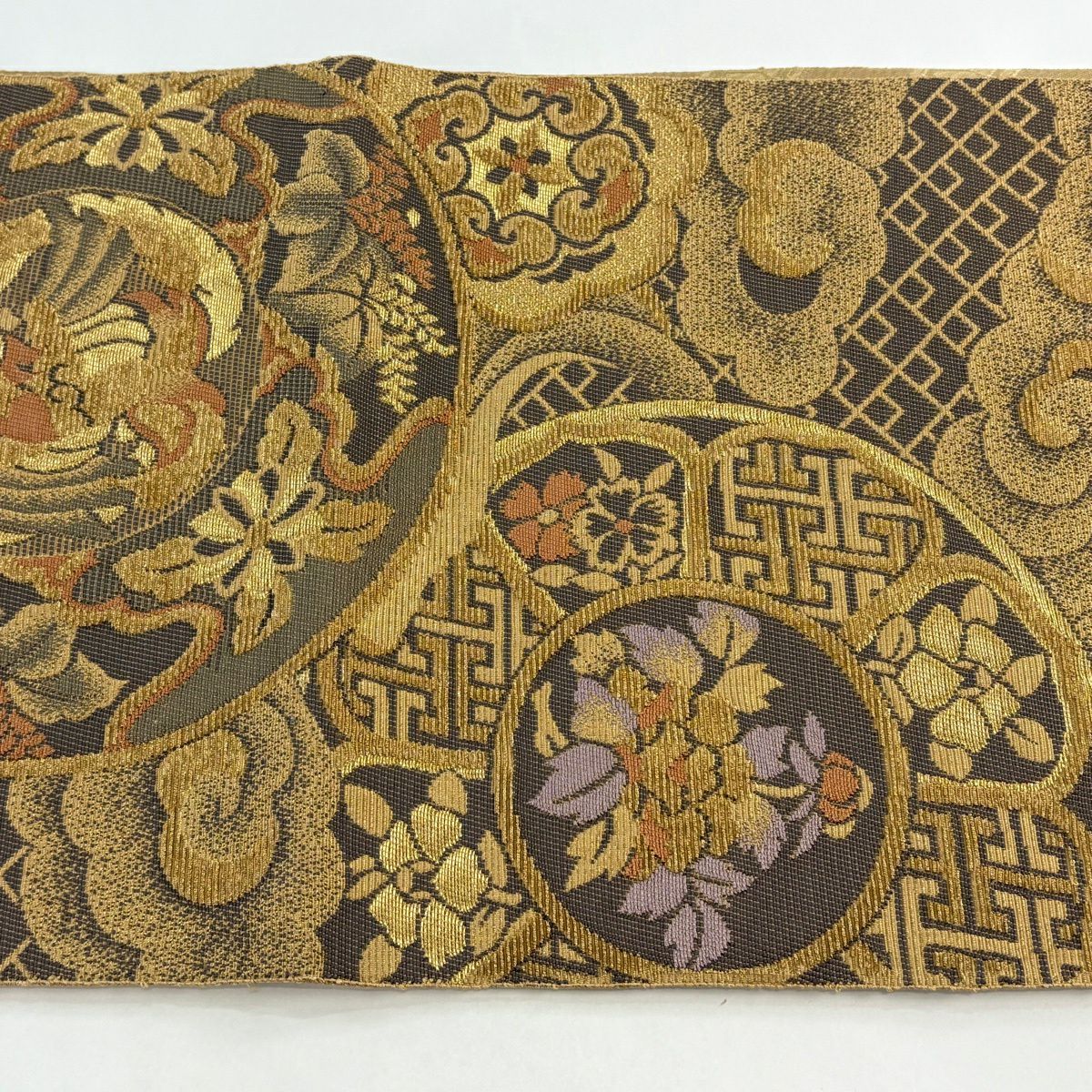 【美品】 袋帶 名品級 鳥 草花紋 金糸 輪奈織 黃土 深藍色 お太鼓柄 純蠶絲