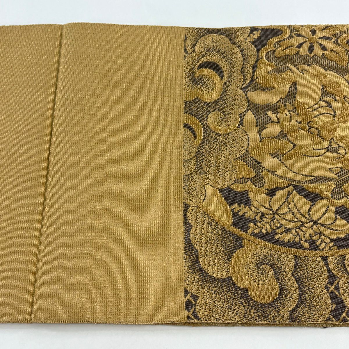 【美品】 袋帶 名品級 鳥 草花紋 金糸 輪奈織 黃土 深藍色 お太鼓柄 純蠶絲