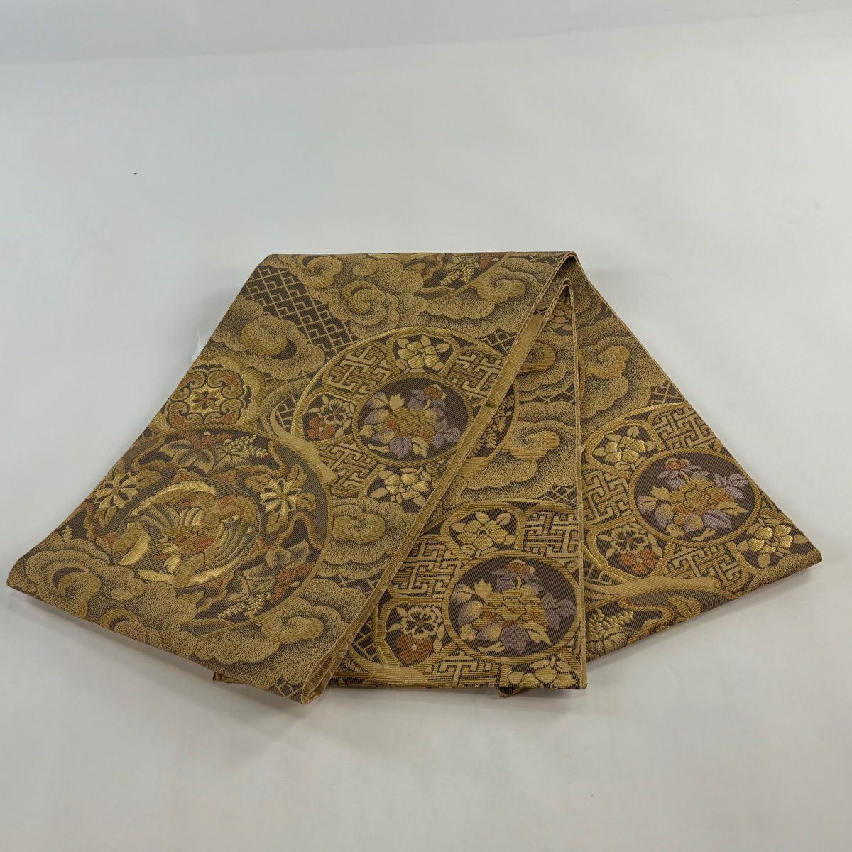 【美品】 袋帶 名品級 鳥 草花紋 金糸 輪奈織 黃土 深藍色 お太鼓柄 純蠶絲