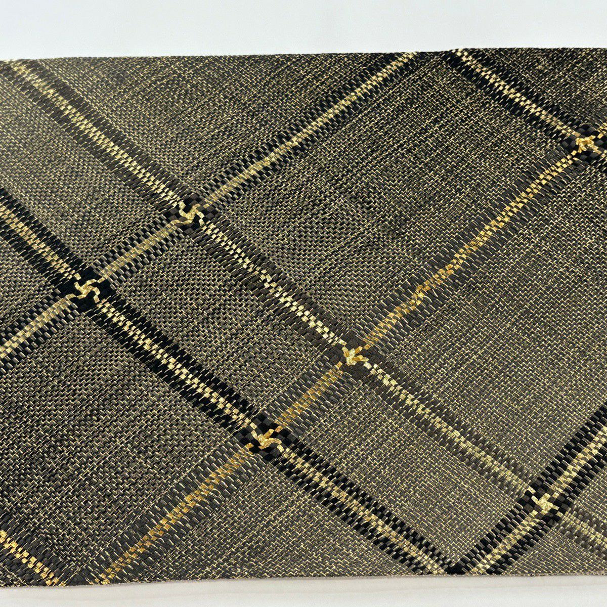 【美品】 袋帶 名品級 斜格紋 金絲 黑灰 全通 純蠶絲