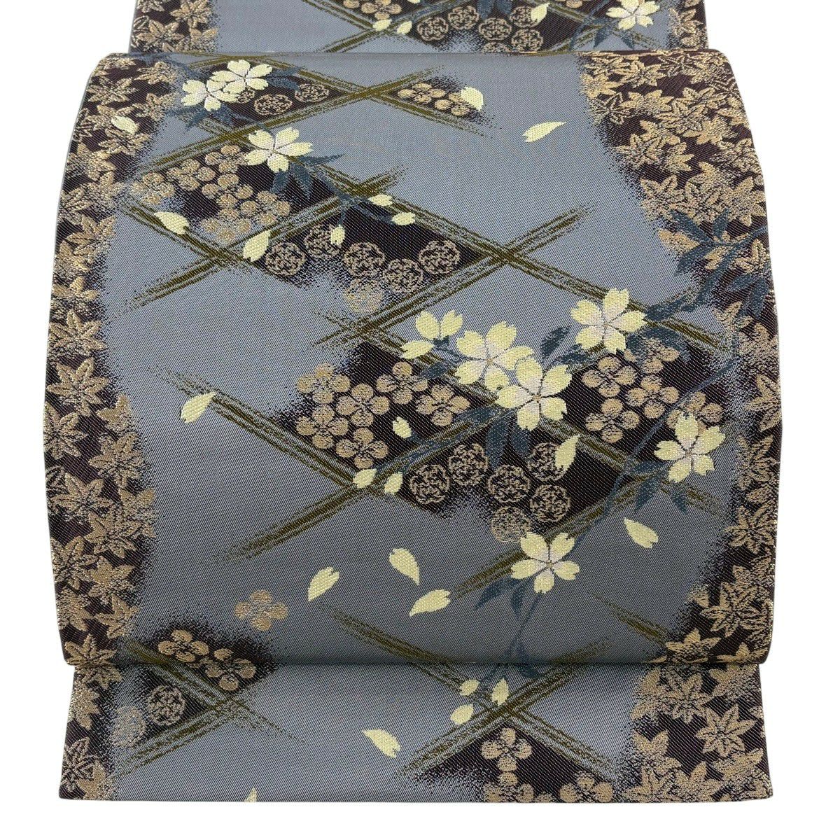 【美品】 袋帶 名品級 坂東三津五郎 落款あり 大和櫻 楓 金絲 淺紫 六通 純蠶絲