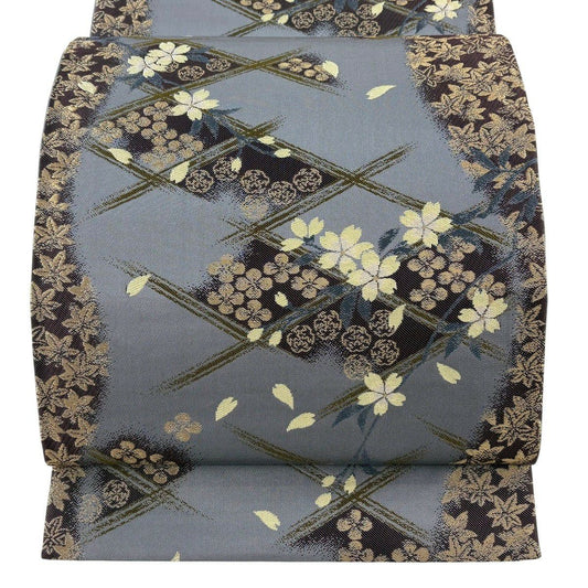 【美品】 袋帶 名品級 坂東三津五郎 落款あり 大和櫻 楓 金絲 淺紫 六通 純蠶絲