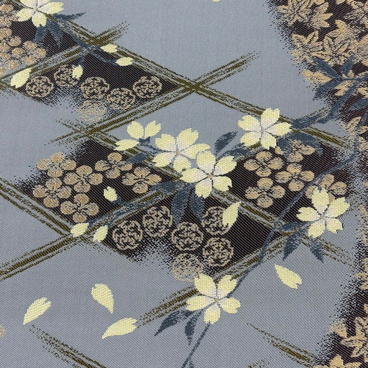 【美品】 袋帶 名品級 坂東三津五郎 落款あり 大和櫻 楓 金絲 淺紫 六通 純蠶絲