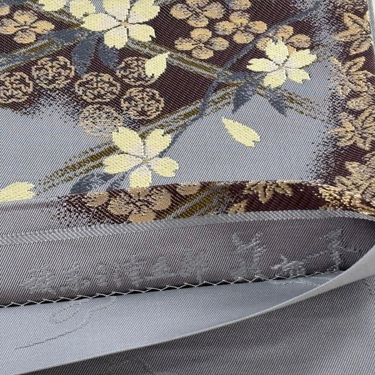 【美品】 袋帶 名品級 坂東三津五郎 落款あり 大和櫻 楓 金絲 淺紫 六通 純蠶絲