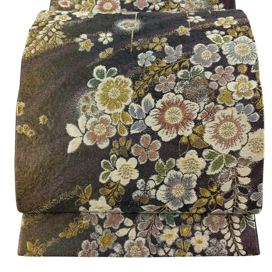 【美品】 袋帶 名品級 大和 草花紋 金銀彩 金金箔 紫 六通 純蠶絲