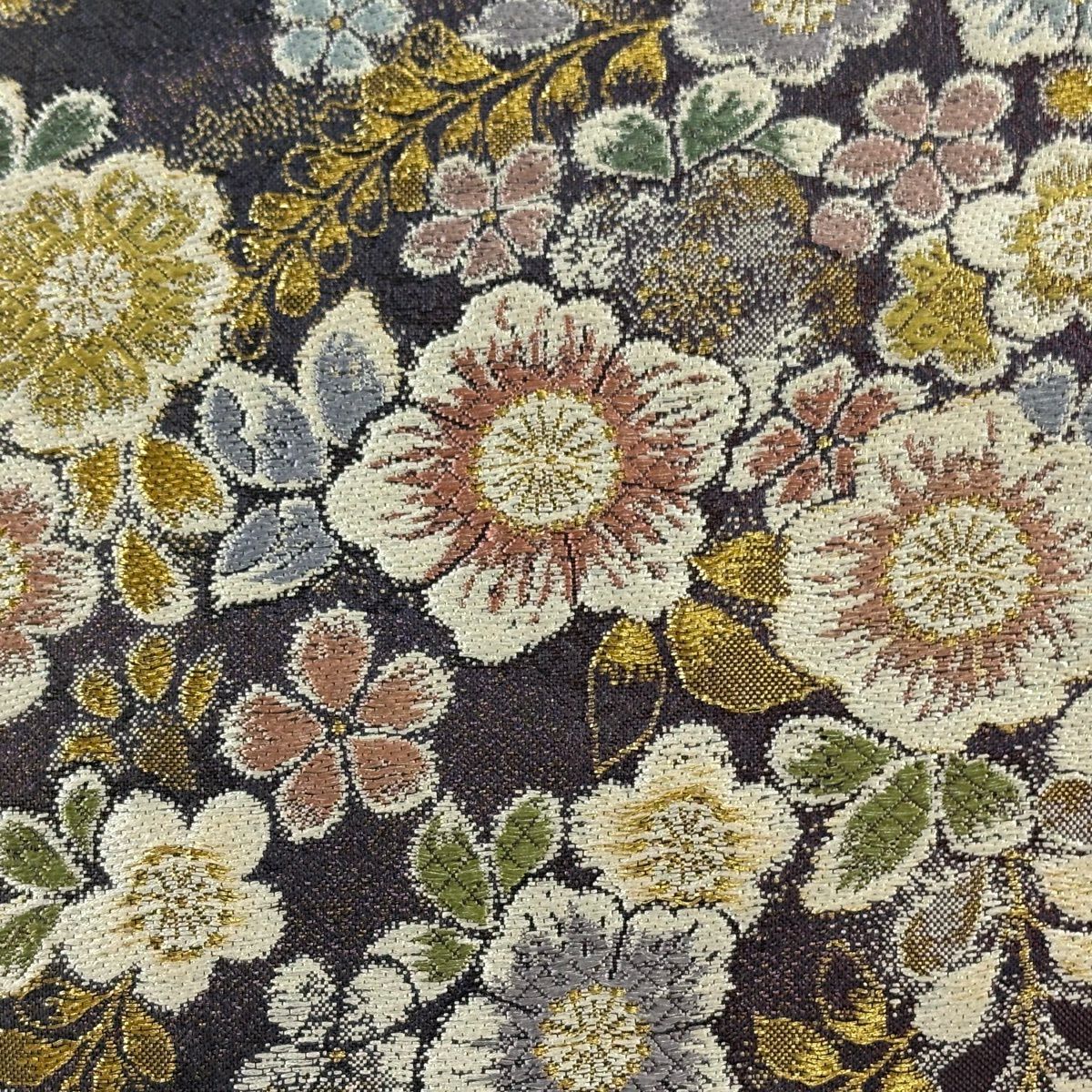 【美品】 袋帶 名品級 大和 草花紋 金銀彩 金金箔 紫 六通 純蠶絲