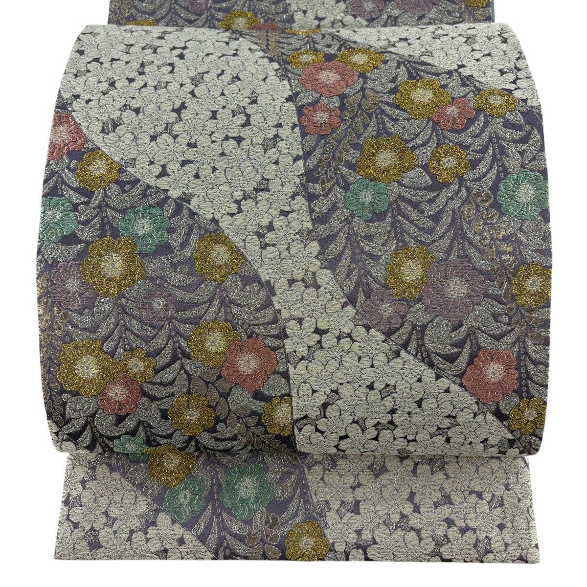 【美品】 袋帶 名品級 樱花 草花紋刺繡 金金箔 紫色 六通 純蠶絲