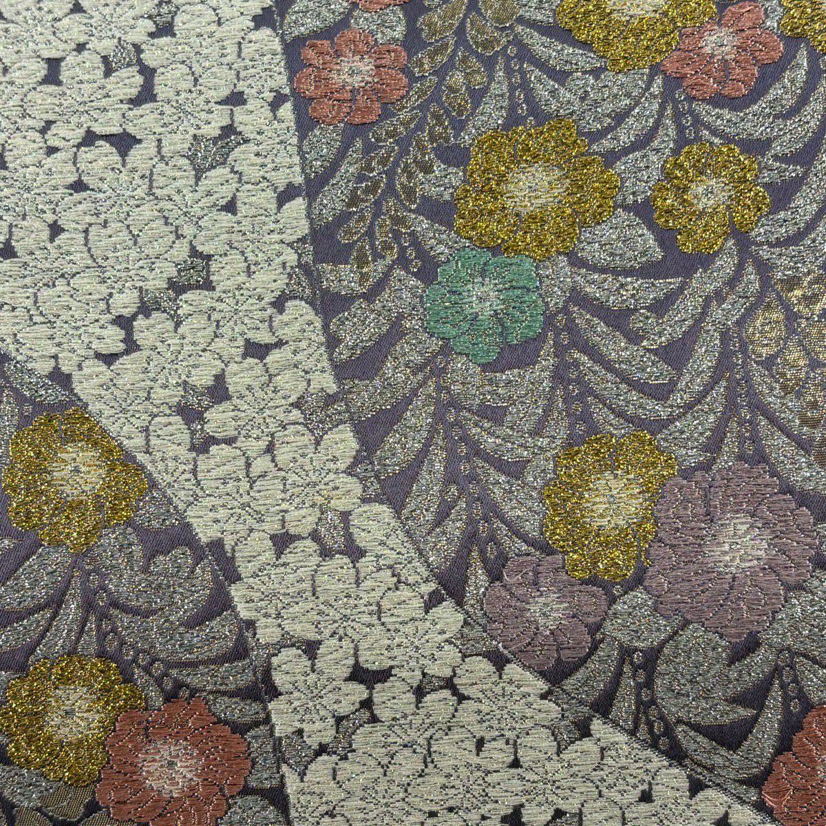 【美品】 袋帶 名品級 樱花 草花紋刺繡 金金箔 紫色 六通 純蠶絲