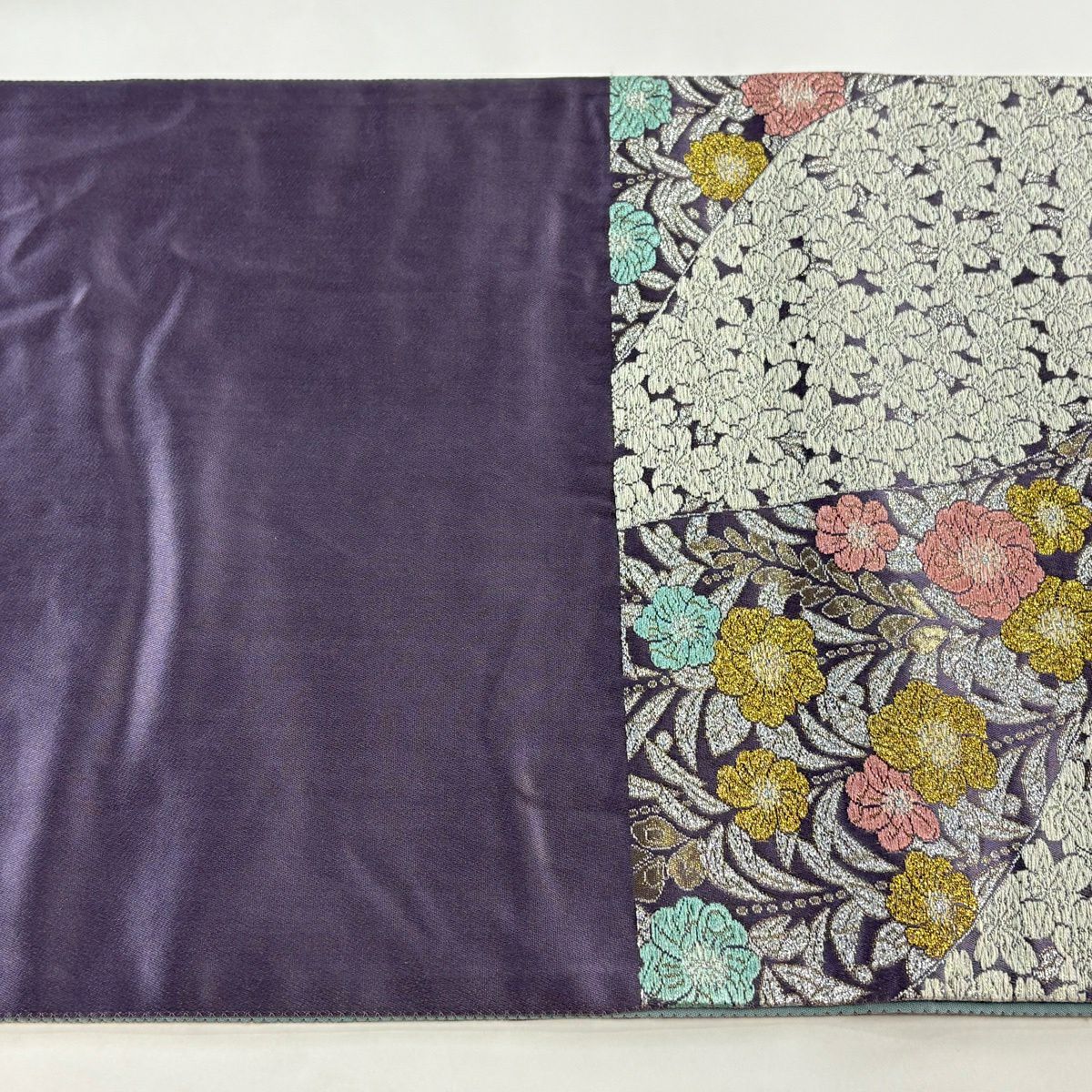 【美品】 袋帶 名品級 樱花 草花紋刺繡 金金箔 紫色 六通 純蠶絲