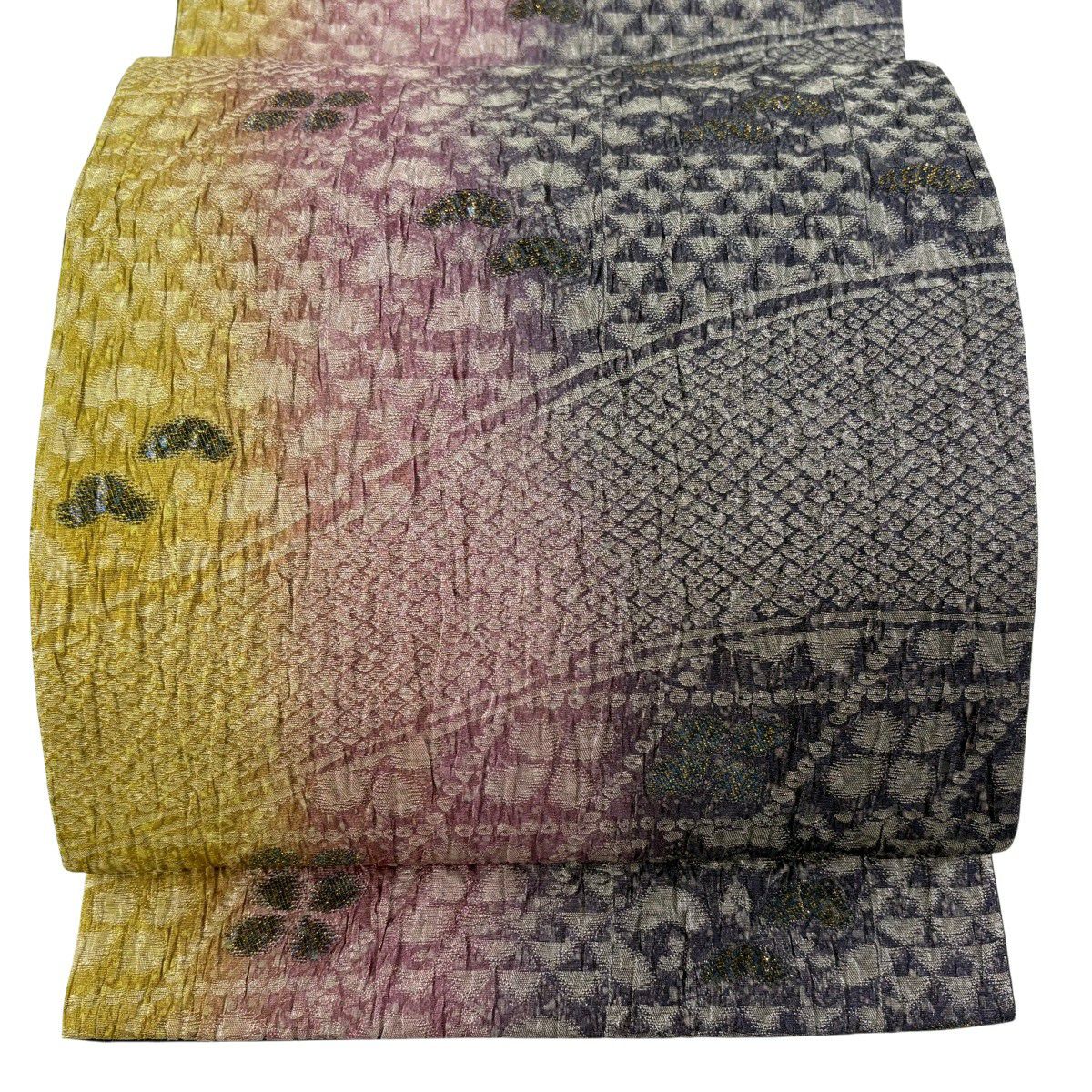 【美品】 袋帶 名品級 草花紋紋 疋田 金金箔 紫 全通 純蠶絲
