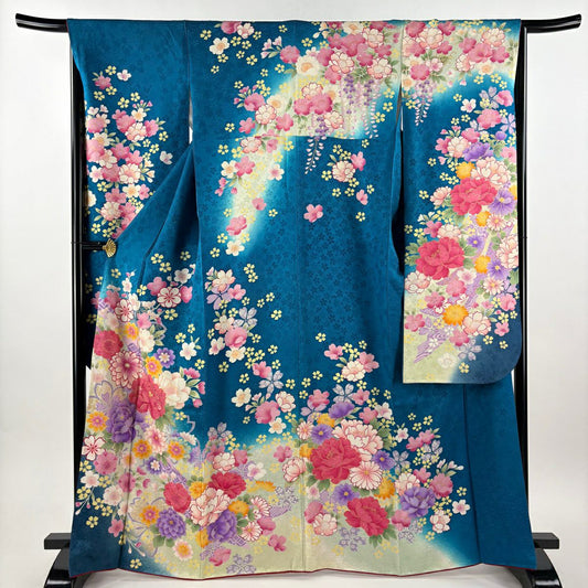 振袖禮服 身長165cm 袖長67cm M 雙層 牡丹 樱花 金銀彩 金金箔 藍色 純蠶絲 名品級