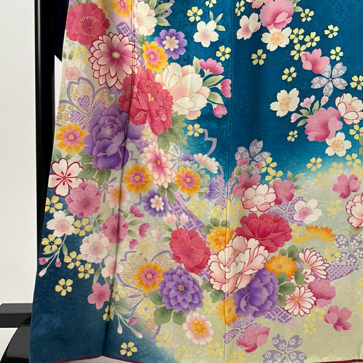 振袖禮服 身長165cm 袖長67cm M 雙層 牡丹 樱花 金銀彩 金金箔 藍色 純蠶絲 名品級