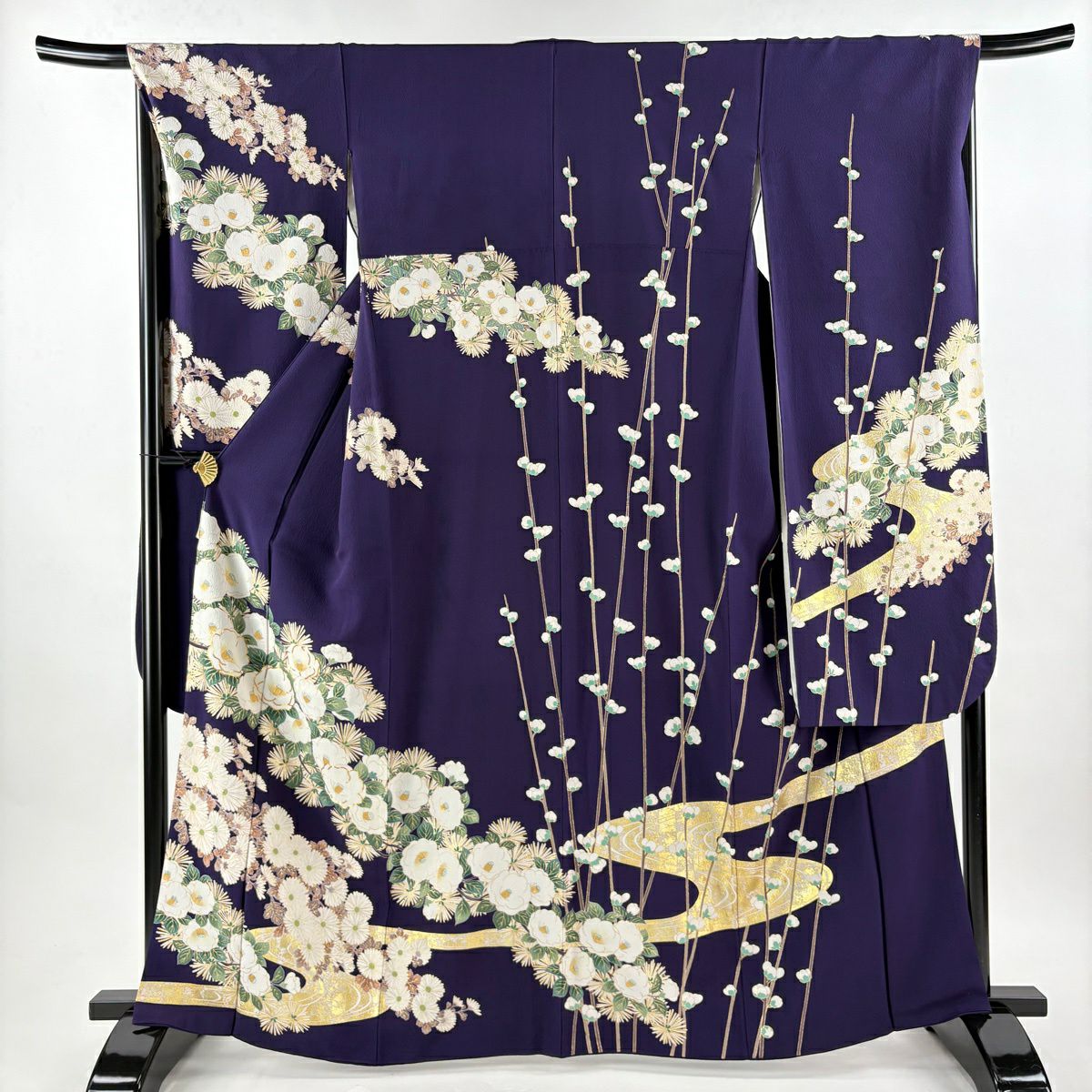 振袖禮服 身長165.5cm 袖長68.5cm L 雙層 椿 菊花 金絲 金銀彩 紫 純蠶絲 名品級