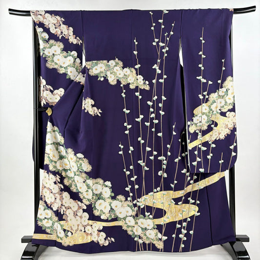振袖禮服 身長165.5cm 袖長68.5cm L 雙層 椿 菊花 金絲 金銀彩 紫 純蠶絲 名品級