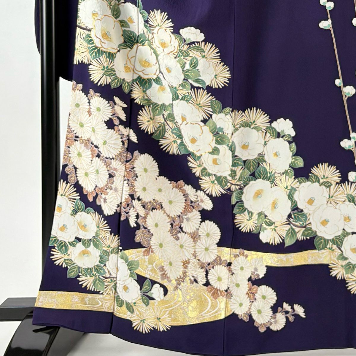 振袖禮服 身長165.5cm 袖長68.5cm L 雙層 椿 菊花 金絲 金銀彩 紫 純蠶絲 名品級