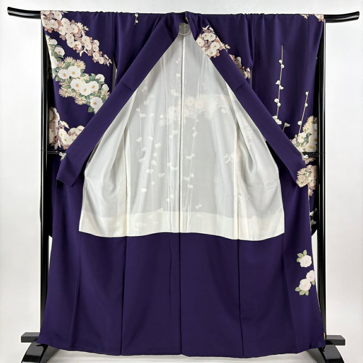 振袖禮服 身長165.5cm 袖長68.5cm L 雙層 椿 菊花 金絲 金銀彩 紫 純蠶絲 名品級