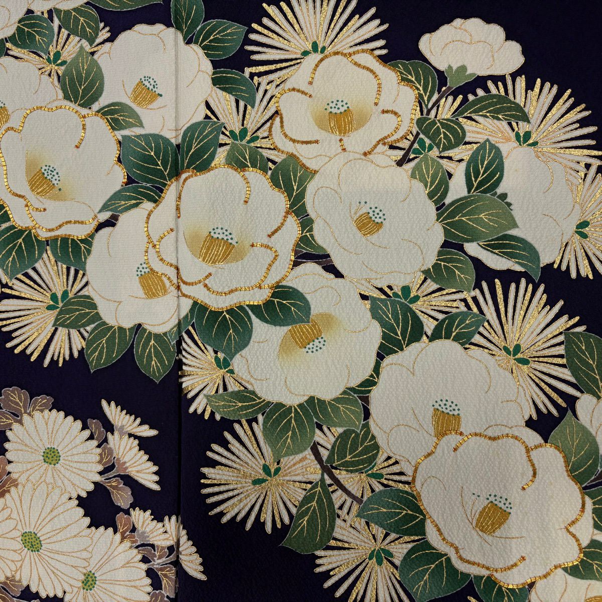 振袖禮服 身長165.5cm 袖長68.5cm L 雙層 椿 菊花 金絲 金銀彩 紫 純蠶絲 名品級