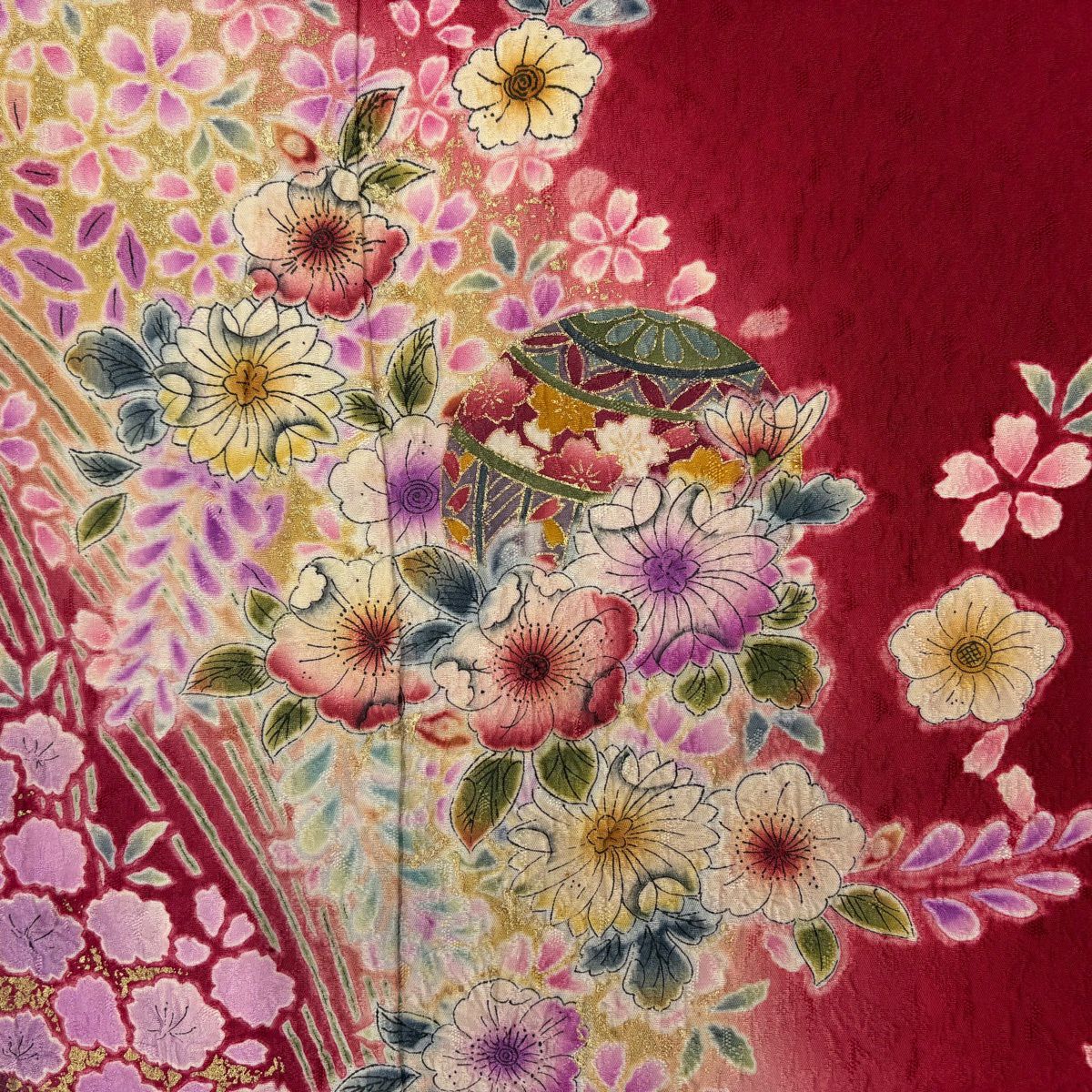 振袖禮服 身長158.5cm 袖長67cm M 雙層 辻花染 手鞠 金彩裝飾 漸層 紅 純蠶絲 名品級