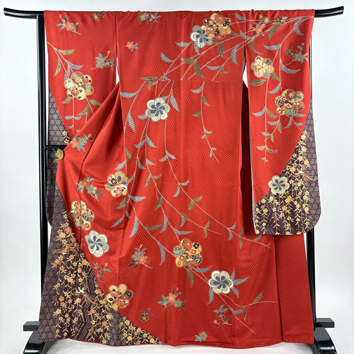 振袖禮服 身長167.5cm 袖長67.5cm L 雙層 捻梅花 枝垂櫻 金絲 金銀彩 茜 純蠶絲 名品級