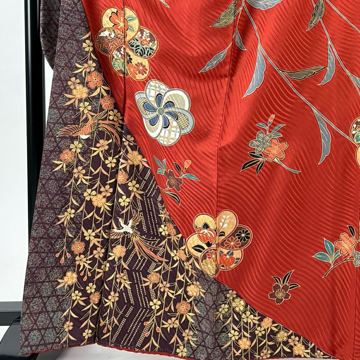 振袖禮服 身長167.5cm 袖長67.5cm L 雙層 捻梅花 枝垂櫻 金絲 金銀彩 茜 純蠶絲 名品級