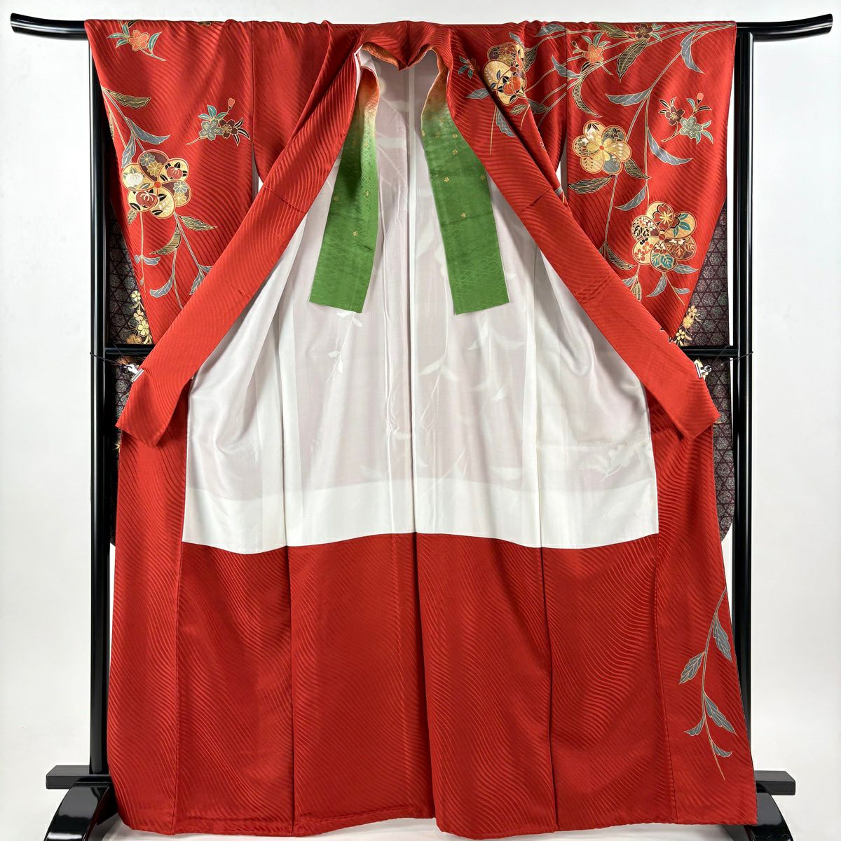 振袖禮服 身長167.5cm 袖長67.5cm L 雙層 捻梅花 枝垂櫻 金絲 金銀彩 茜 純蠶絲 名品級